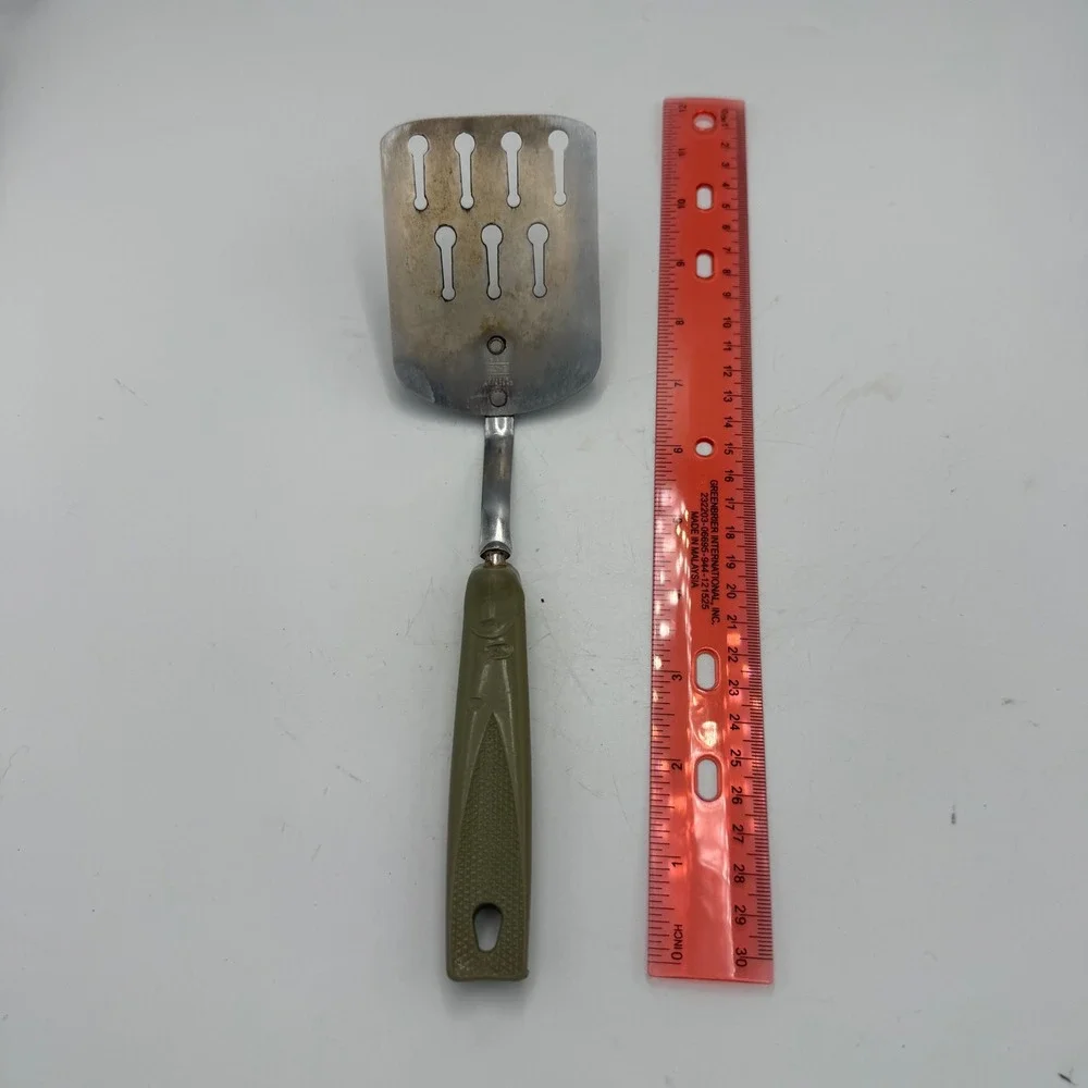 Vintage EKCO Spatula Chromium Plated Slotted Turner USA Olive Green Handle 11.5
